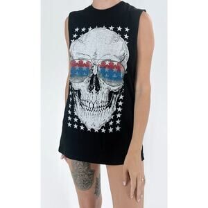 Way to Celebrate Patriotic Sleeveless Black Skull Tunic Tank Top Size Small